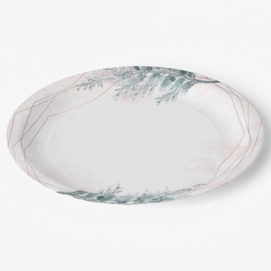 ほっこりピンクの水彩幾何学ボタニカルウェディング ペーパープレート (アングル)