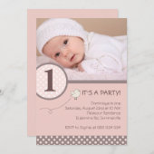 ほっこりピンクの水玉写真誕生日パーティー招待状 招待状 (正面/裏面)