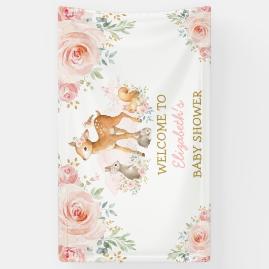 ほっこりピンクの花と動物のウェルカムベイビー 横断幕 (縦)