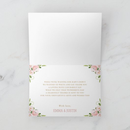 ほっこりピンクの花と森林の動物のベビーシャワー サンキューカード (内部)