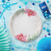 ほっこりピンクの花と緑の水彩ウェディング ペーパープレート (パーティー)