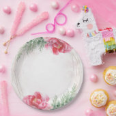 ほっこりピンクの花と緑の水彩ウェディング ペーパープレート (パーティー)