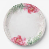 ほっこりピンクの花と緑の水彩ウェディング ペーパープレート (正面)