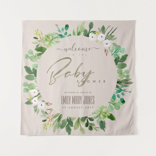 ほっこりピンクの葉の水彩ベイビーシャワーの歓迎 タペストリー (正面)