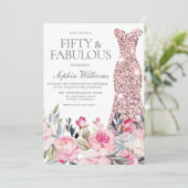 ほっこりフラワープリントドレス 50歳 & ファビュラス 50歳の誕生日 招待状 (スタンド正面)