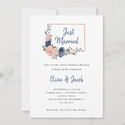 ほっそりとしたネイビーとフラッシュピンクの花柄ジオメトリック | 結婚しました 招待状 (正面)