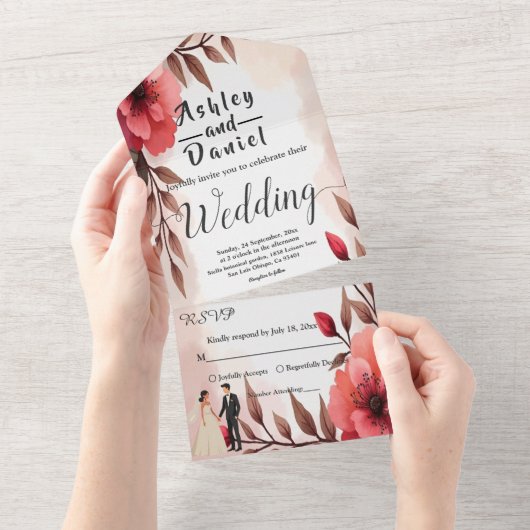 ほっそエレガントバラ新郎新婦フローラズ結婚 オールインワン招待状 (貼ってはがせる)