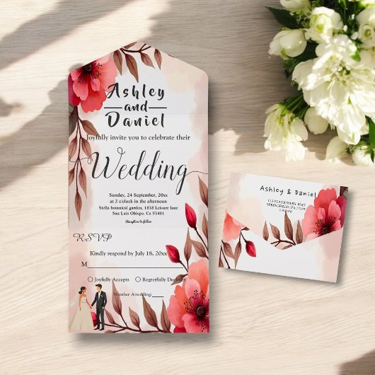 ほっそエレガントバラ新郎新婦フローラズ結婚 オールインワン招待状