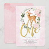 ほっぺたのばら花の赤ちゃん鹿の女の子の1歳の誕生日 招待状 (正面/裏面)