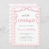 ほっぺたのピンクの弓 コケッティ ワンダフル 1歳の誕生日 招待状 (正面/裏面)