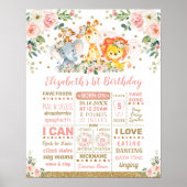 ほっぺたのピンク フラワージェングル 動物 1歳の誕生日 マイルストーン ポスター (正面)