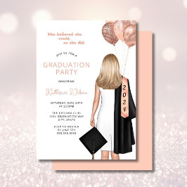 ほっぺたの赤い金髪の女性の卒業パーティー 招待状