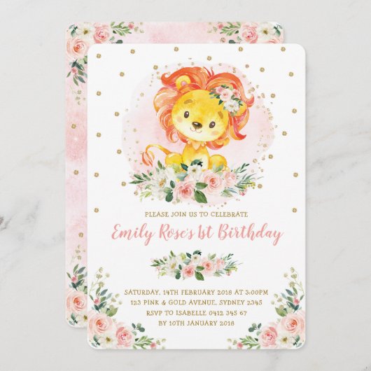 ほっぺたピンクの花のライオン 1歳の誕生日 ガーリー ワイルドワン 招待状 (正面/裏面)