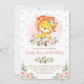 ほっぺたピンクの花のライオン 1歳の誕生日 ガーリー ワイルドワン 招待状 (正面)