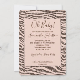 ほっぺのようなピンクとピーチとチョコレートブラウンの輝くゼブラ柄ベイビーシャワー 招待状
