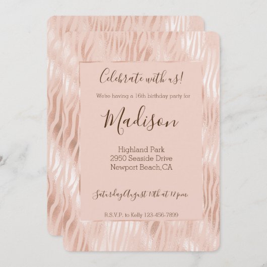 ほっぺのようなピンクのゼブラ柄 招待状 (正面/裏面)