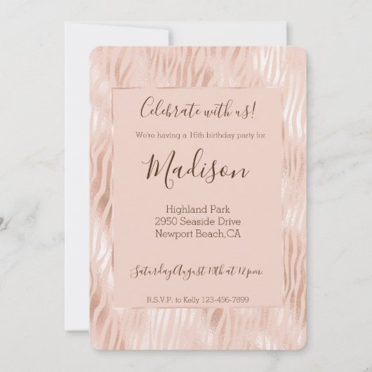 ほっぺのようなピンクのゼブラ柄 招待状 (正面)