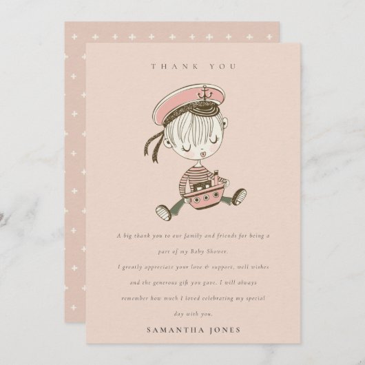 ほっぺのようなピンクの女の子小さな船員 nautical 赤ちゃんのシャワー サンキューカード (正面/裏面)