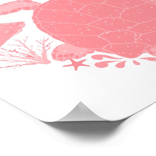 ほっぺのようなピンクの海の風景 魚とカメ ポスター (角)