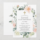 ほっぺのピンクの花 ゴールドの女の子 1歳の誕生日 洗礼 招待状 (正面/裏面)