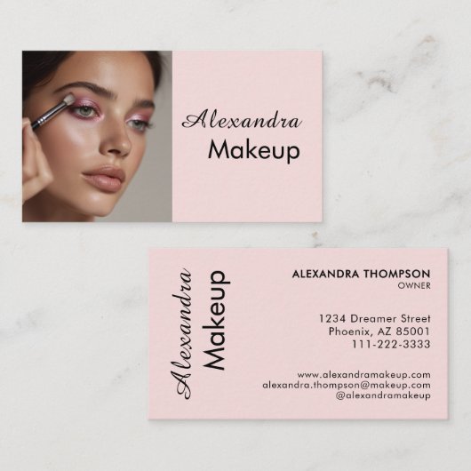 ほっぺのピンク 黒 筆記体 フォト メイクアップ 名刺 (正面/裏面)