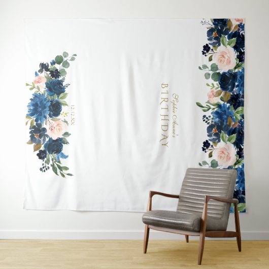 ほっぺの赤い青い花の誕生日写真ブース小道具 タペストリー (インサイチュ(横))