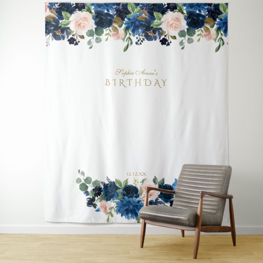 ほっぺの赤い青い花の誕生日写真ブース小道具 タペストリー (インサイチュ)