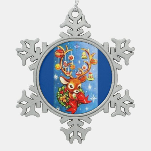 ほとんどの美しいヴィンテージのクリスマスのシカのトナカイ スノーフレークピューターオーナメント (正面)