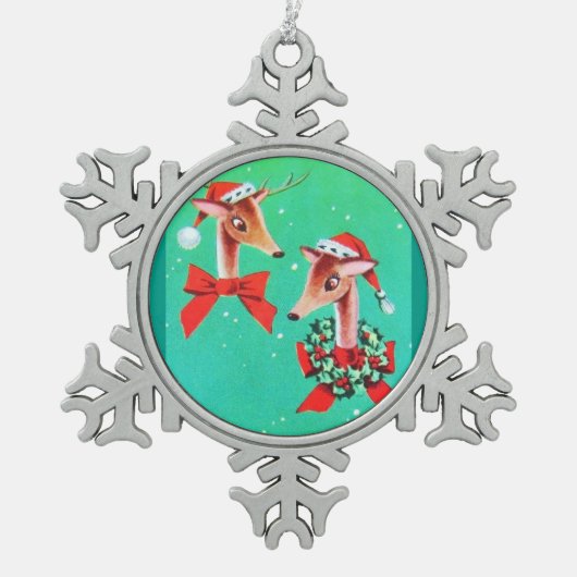 ほとんどの美しいヴィンテージのクリスマスのシカのトナカイ スノーフレークピューターオーナメント (正面)