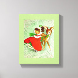 ほとんどの美しいヴィンテージのクリスマスのシカ及び女の子 キャンバスプリント