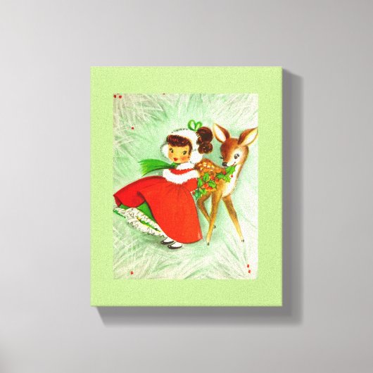 ほとんどの美しいヴィンテージのクリスマスのシカ及び女の子 キャンバスプリント (正面)