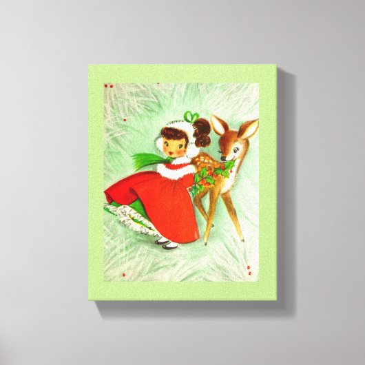 ほとんどの美しいヴィンテージのクリスマスのシカ及び女の子 キャンバスプリント (正面)