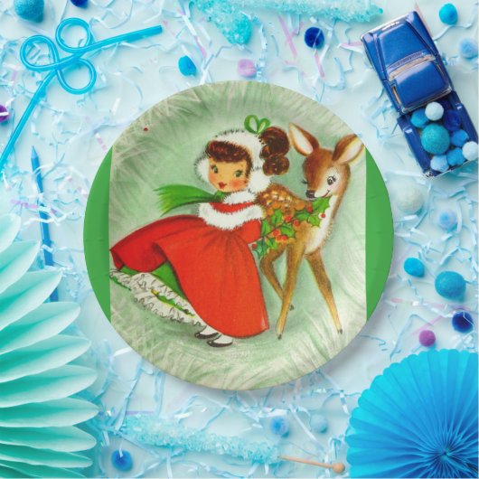 ほとんどの美しいヴィンテージのクリスマスのシカ及び女の子 ペーパープレート (パーティー)