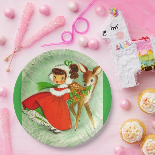 ほとんどの美しいヴィンテージのクリスマスのシカ及び女の子 ペーパープレート (パーティー)