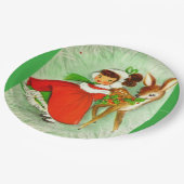 ほとんどの美しいヴィンテージのクリスマスのシカ及び女の子 ペーパープレート (アングル)