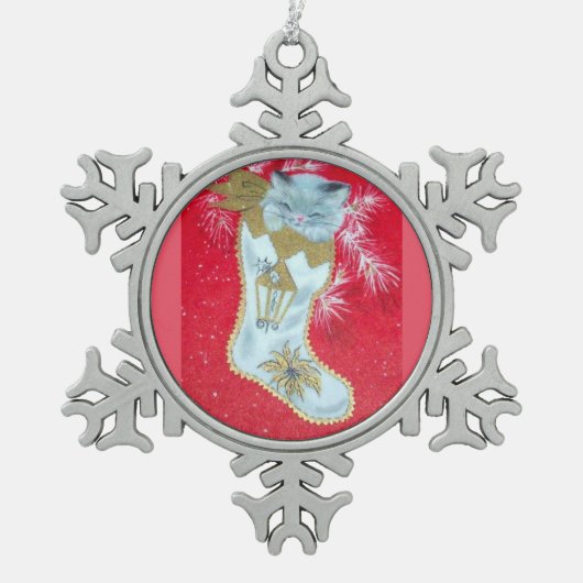 ほとんどの美しいヴィンテージのクリスマスの子ネコ スノーフレークピューターオーナメント (正面)