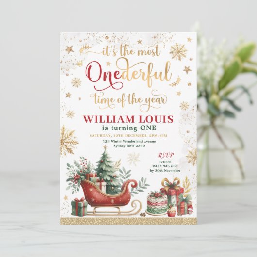ほとんどのONEderfulタイムクリスマスそり1st誕生日 招待状 (スタンド正面)