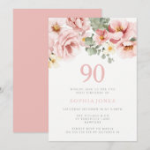 ほのかなダスティローズ フローラル 90時間 誕生日パーティー 招待状 (正面/裏面)