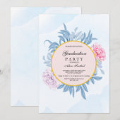 ほのかなピンクと淡い青の水彩画の多肉植物の卒業式 招待状 (正面/裏面)