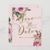 ほのかなピンクのバラのゴールドフラワー モダンなデザインのSave the Date 案内ポストカード (正面/裏面)