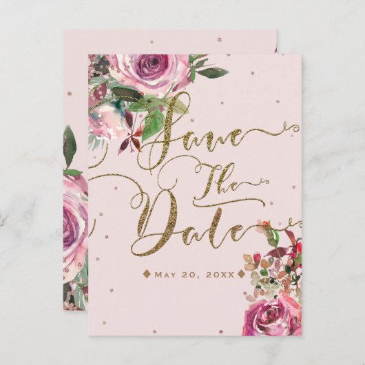 ほのかなピンクのバラのゴールドフラワー モダンなデザインのSave the Date 案内ポストカード (正面/裏面)