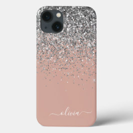 ほのかなピンクのバラ色のゴールド シルバー グリッター モノグラム iPhone 13ケース