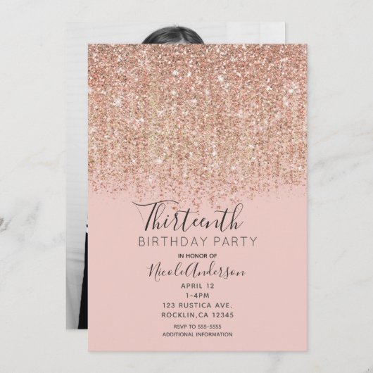 ほのかなピンクのローズゴールドグリッター誕生日パーティーの写真 招待状 (正面/裏面)
