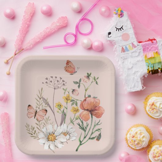 ほのかなピンクの桃の花のワイルドフラワー スクエア ペーパープレート (パーティー)