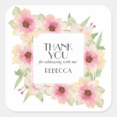 ほのかなピンクの水彩花の感謝 スクエアシール (正面)
