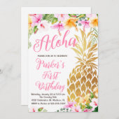 ほのかなピンクの花柄アロハパイナップルファーストバースデー 招待状 (正面/裏面)
