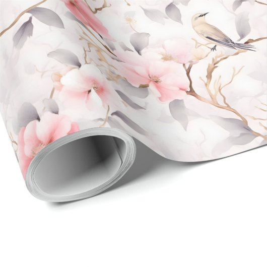 ほのかなピンクの花鳥アジアン ラッピングペーパー (ロールコーナー)