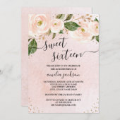ほのかなピンクゴールドの花柄 スイート16招待状 招待状 (正面/裏面)