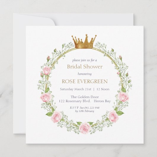 ほのかなロマンス：ピンクのバラとカスミソウ 招待状 (正面)