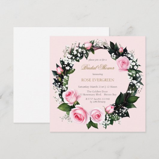 ほのかなロマンス：ピンクのバラとチューリップのブーケ 招待状 (正面/裏面)